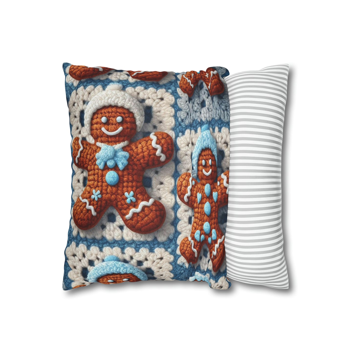 Winter Cheer: Charming Crocheted Gingerbread Christmas Friends Adorned with Snowy Hats and Sweet Smiles - Spun Polyester Square Pillow Case