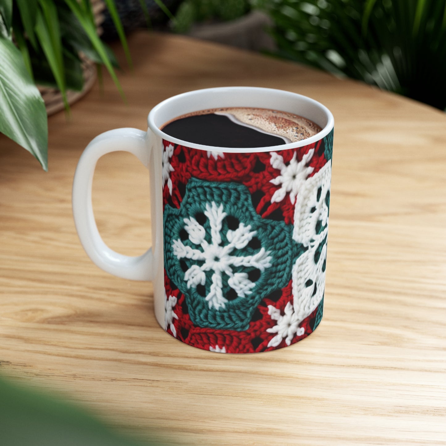 Christmas Snowflake Crochet, Festive Yuletide, Winter Wonderland Craft, Ice Crystal, Holiday Decor, Seasonal Adornments - Ceramic Mug 11oz