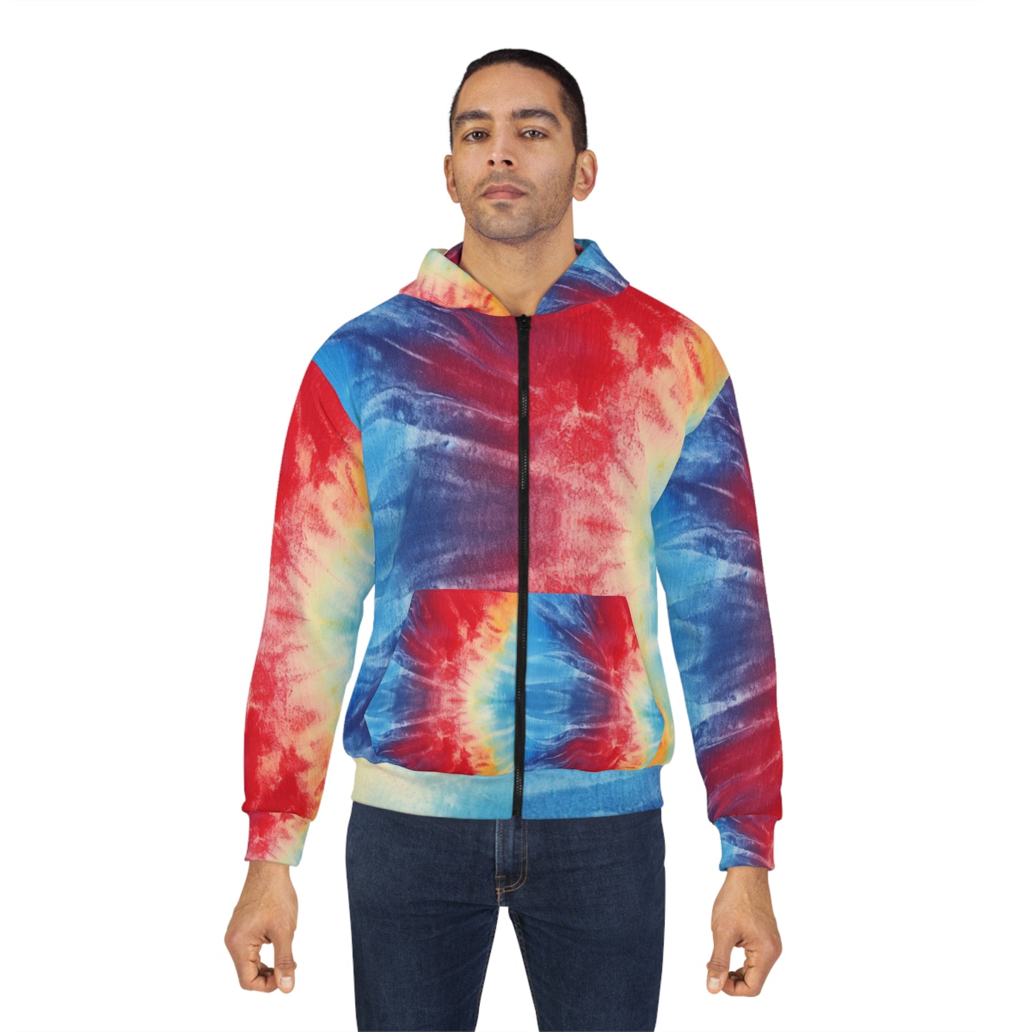 Rainbow Tie-Dye Denim: Vibrant Multi-Color, Fabric Design Spectacle - Unisex Zip Hoodie (AOP)