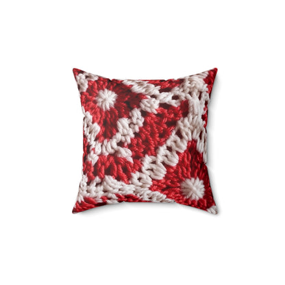 Warm Winter Red & White Crochet Knit: Cinematic Chic Texture Design - Spun Polyester Square Pillow