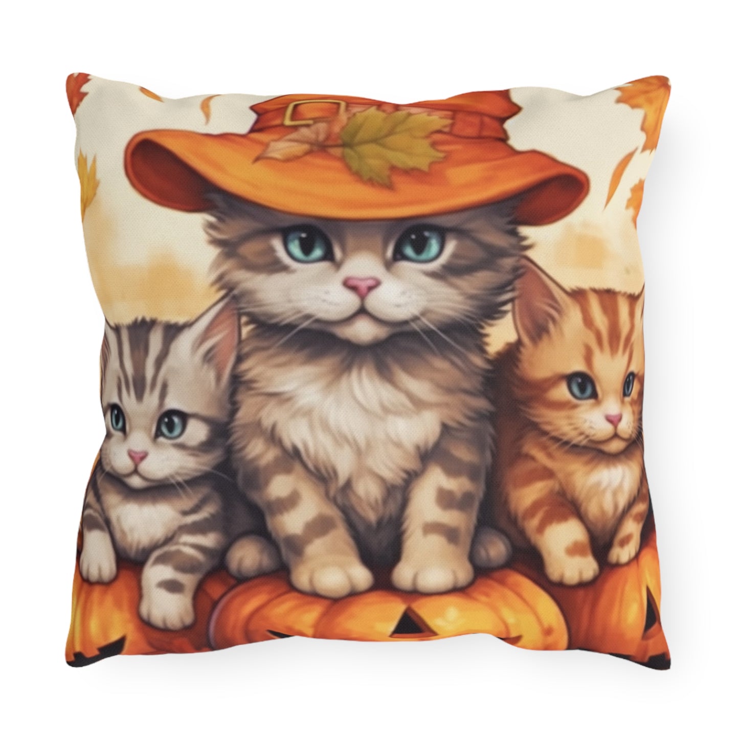 Kitty Cat Kittens Halloween - Cute Furries on Pumpkin - Festive Feline Decor - Outdoor Pillows