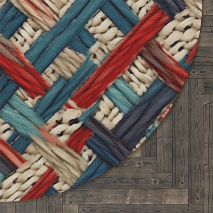 Colorful Yarn Knot: Denim-Inspired Fabric in Red, White, Light Blue - Round Rug