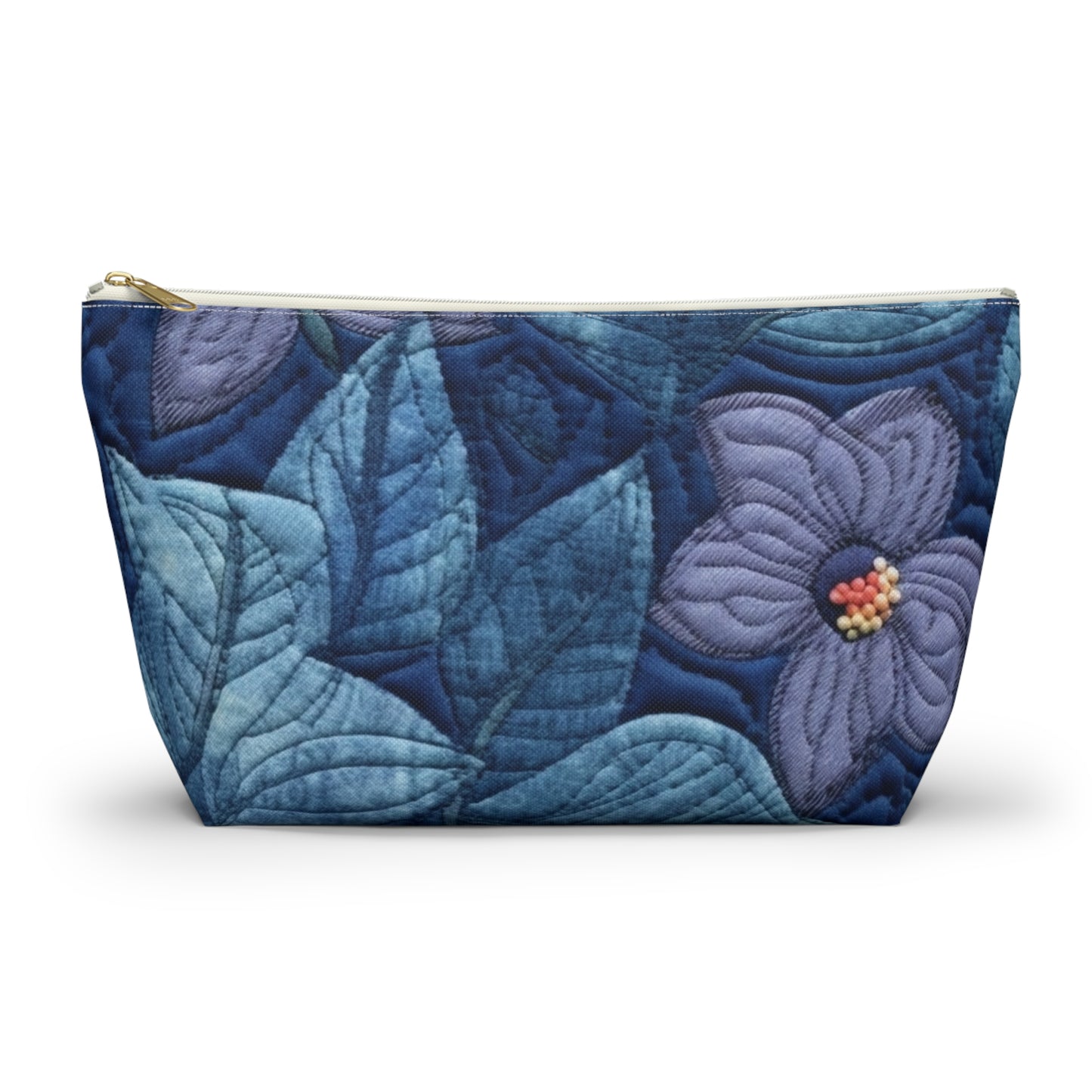 Floral Embroidery Blue: Denim-Inspired, Artisan-Crafted Flower Design - Accessory Pouch w T-bottom