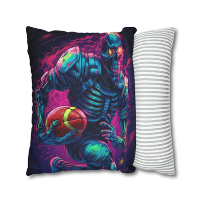 Spooky Football Game: Fantasy Skeleton Athlete Running with Ball, Sporty Halloween - Spun Polyester Square Pillow Case