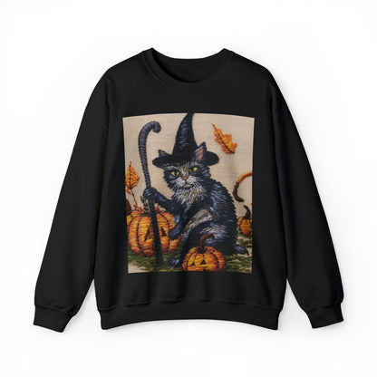 Halloween Cat Magic: Embroidered Style Feline with Pumpkins & Witch Hat - Unisex Heavy Blend™ Crewneck Sweatshirt