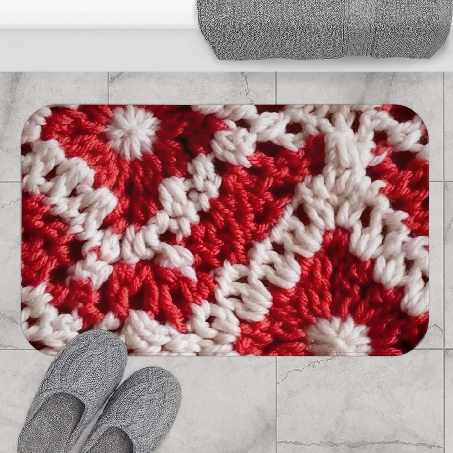 Cálido tejido de crochet rojo y blanco de invierno: diseño de textura cinematográfico elegante - Alfombra de baño