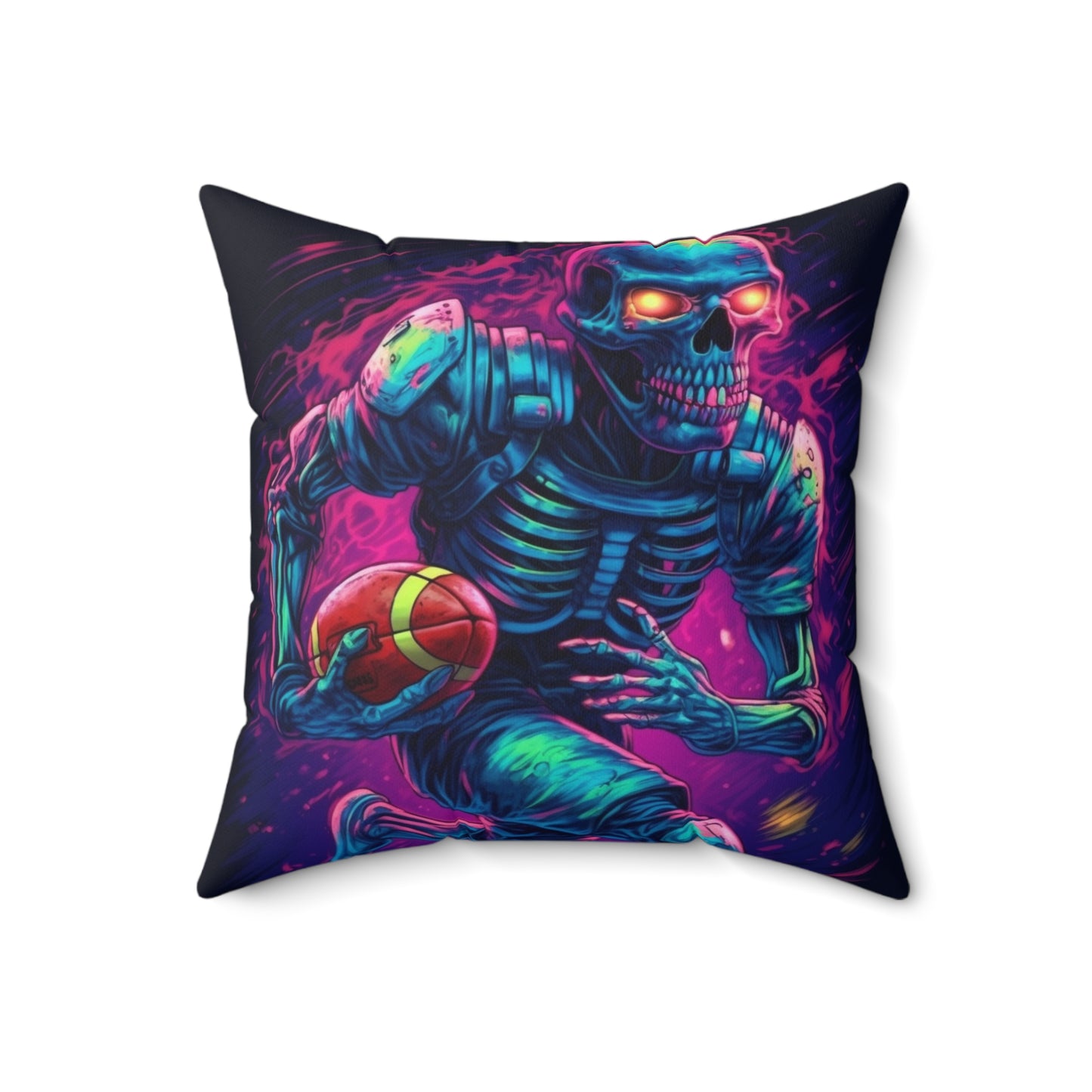 Spooky Football Game: Fantasy Skeleton Athlete Running with Ball, Sporty Halloween - Spun Polyester Square Pillow