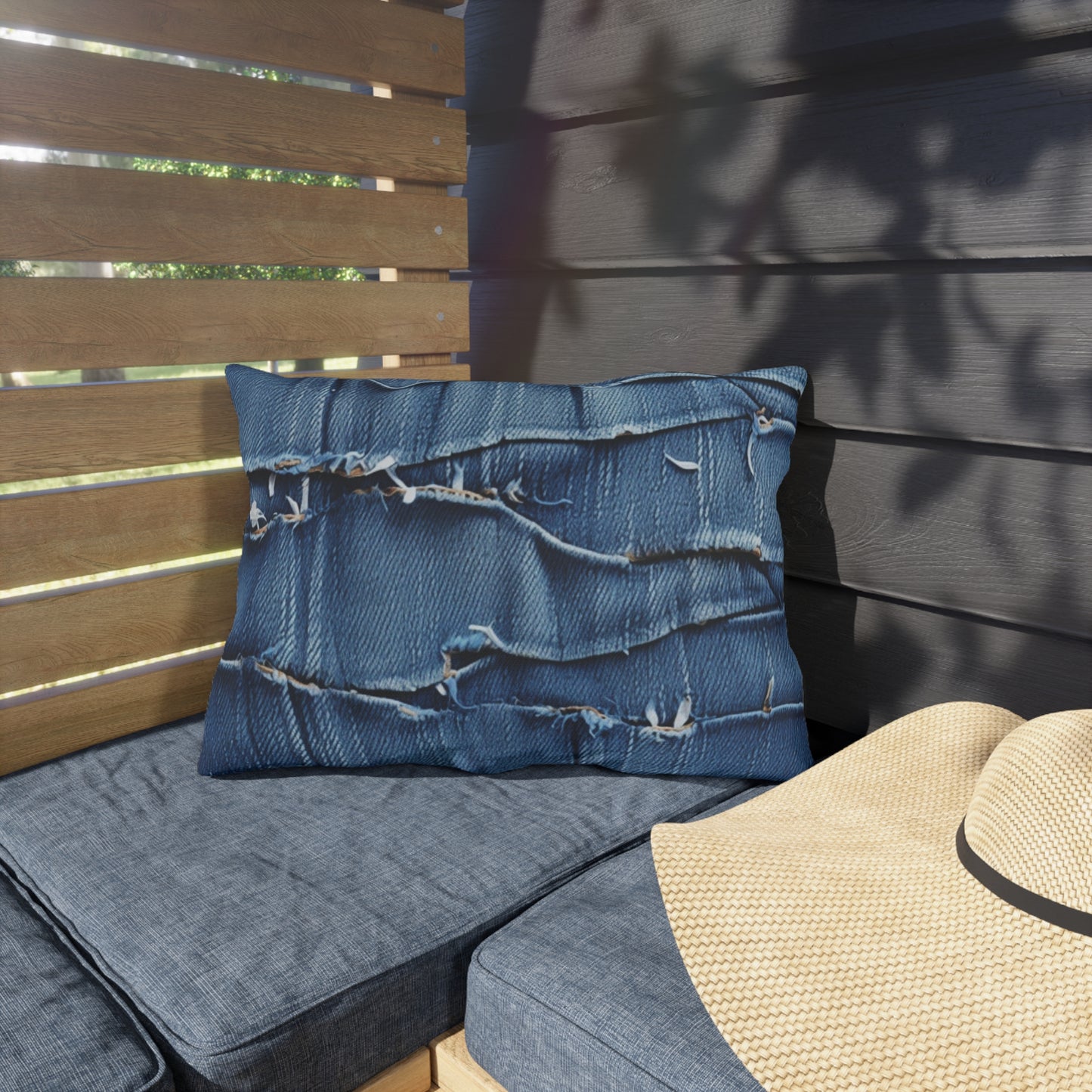 Midnight Blue Distressed Denim: Rugged, Torn & Stylish Design - Outdoor Pillows