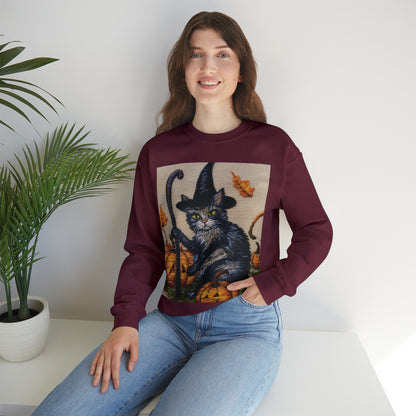 Halloween Cat Magic: Embroidered Style Feline with Pumpkins & Witch Hat - Unisex Heavy Blend™ Crewneck Sweatshirt