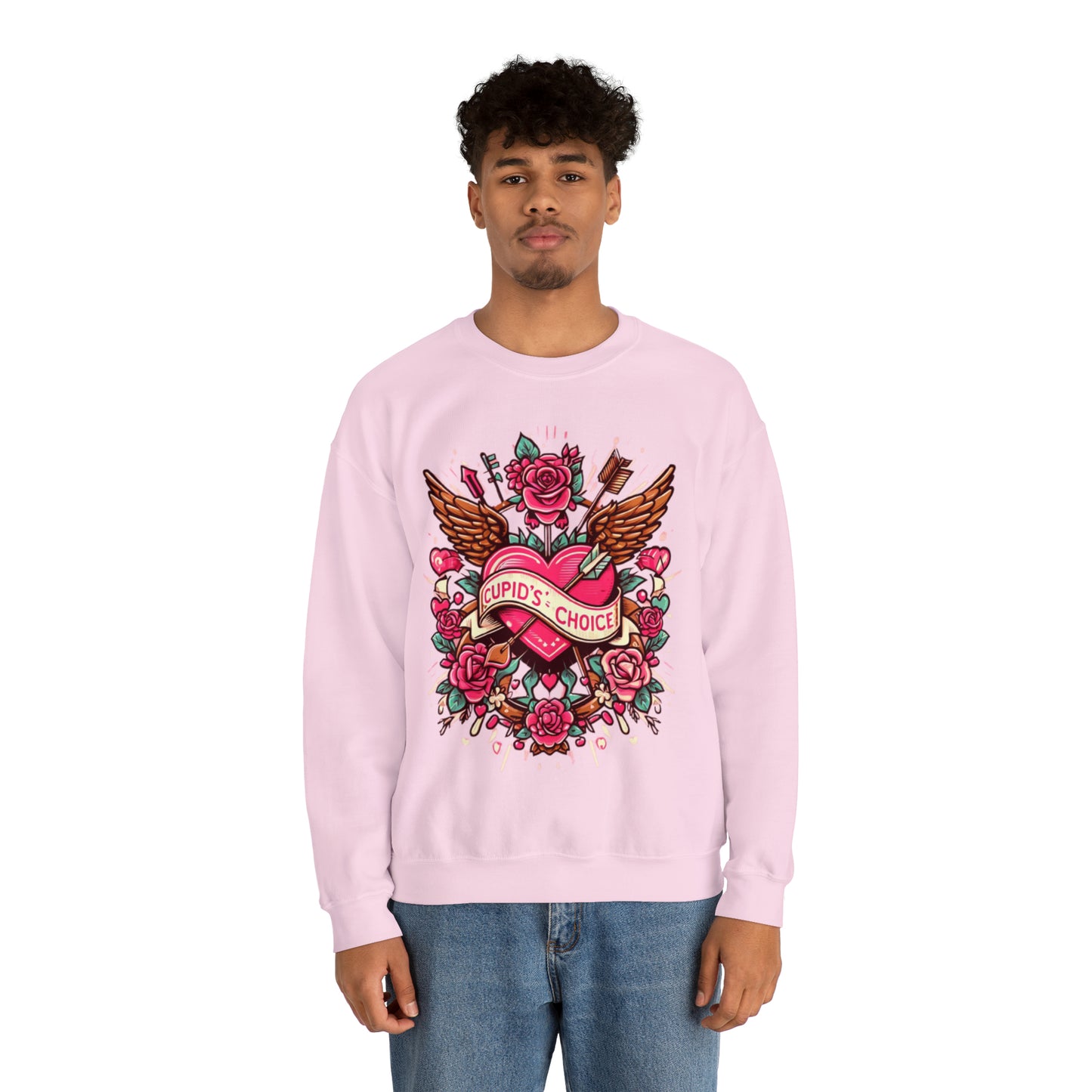 Cupidos Choice Heart con rosas y flecha - Amor vibrante del día de San Valentín - Sudadera unisex Heavy Blend™ Crewneck