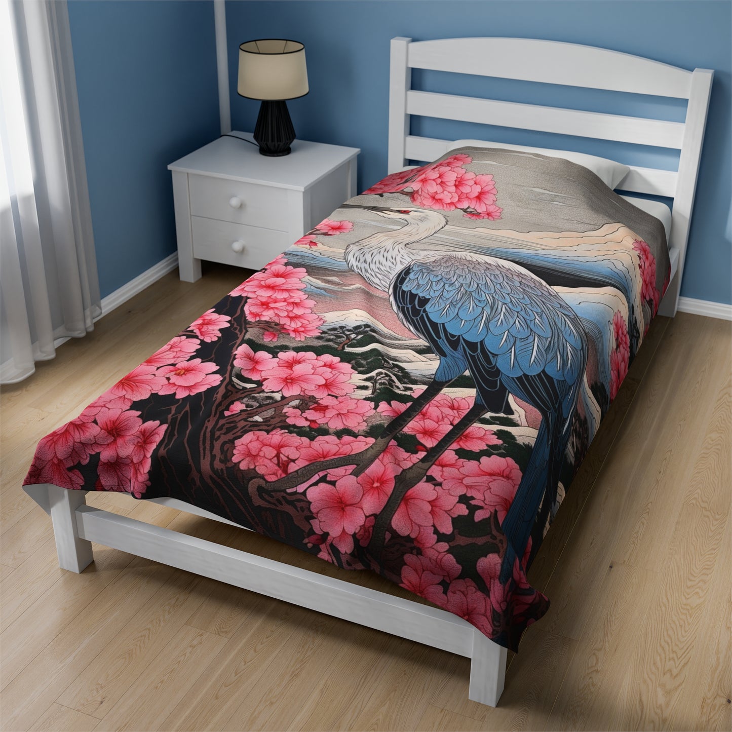 Sakura Blossoms Majestic Crane - Japanese, Birthday Gift for Dad, Traditional Indigo & Mount Fuji - Velveteen Plush Blanket