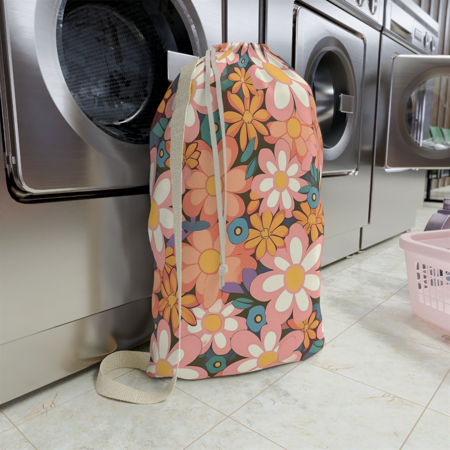 Groovy 1960s 1970s Pink & Orange Daisy Mod Floral - Laundry Bag