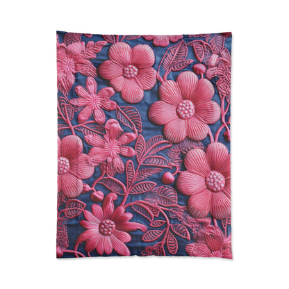 Denim Blue Doll Pink Floral Embroidery Style Fabric Flowers - Comforter