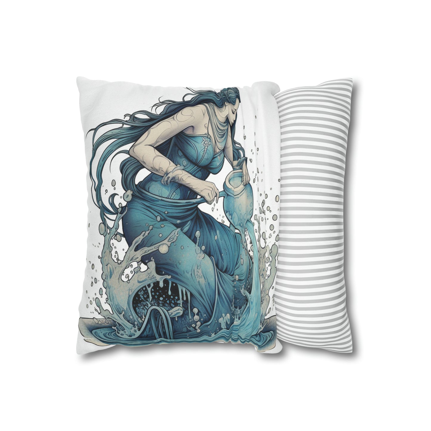 Aquarius Zodiac Symbol - Girl Pouring Water, Hand-Drawn Style - Spun Polyester Square Pillow Case