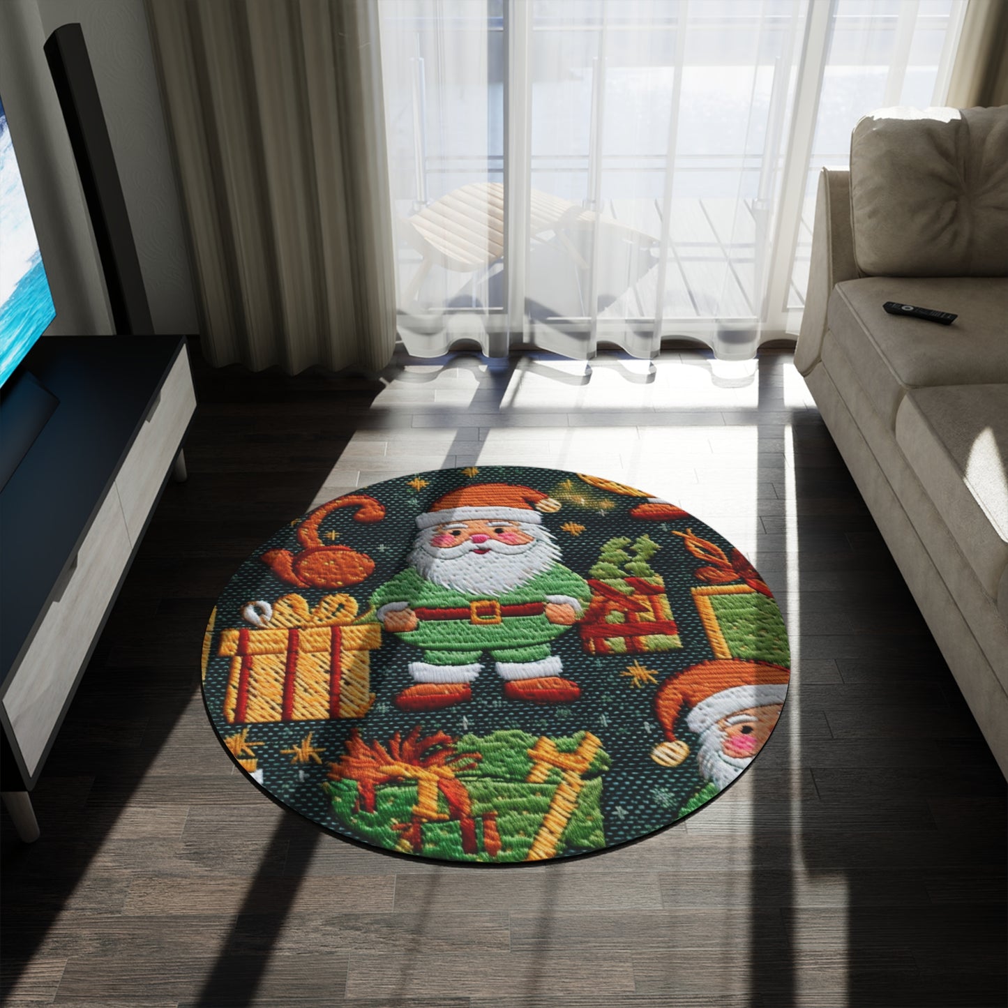 Christmas Santa Claus - Embroidered Presents - Festive Winter Wonderland - Deck the Halls Design - Round Rug