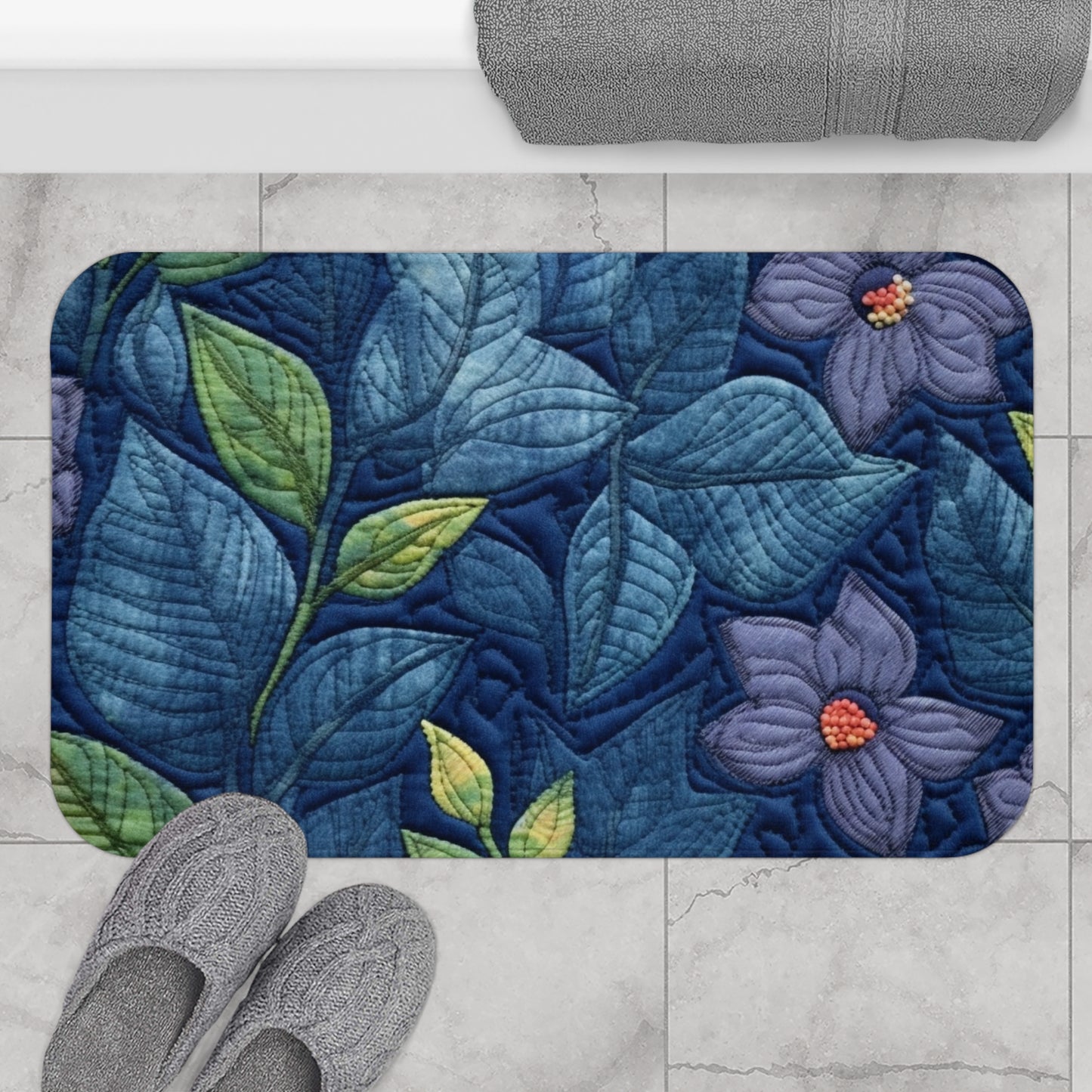 Floral Embroidery Blue: Denim-Inspired, Artisan-Crafted Flower Design - Bath Mat