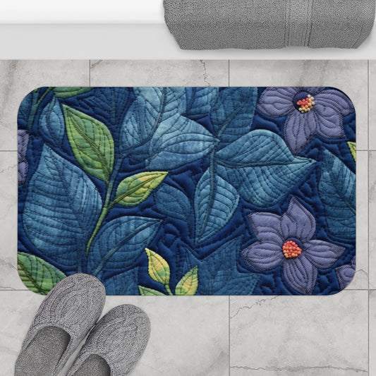 Bordado floral azul: diseño floral artesanal inspirado en la mezclilla - Alfombra de baño