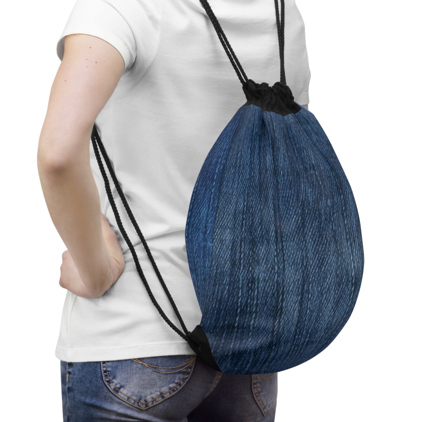 Indigo Splash: Washed Denim Reverie in Deep Blue - Drawstring Bag