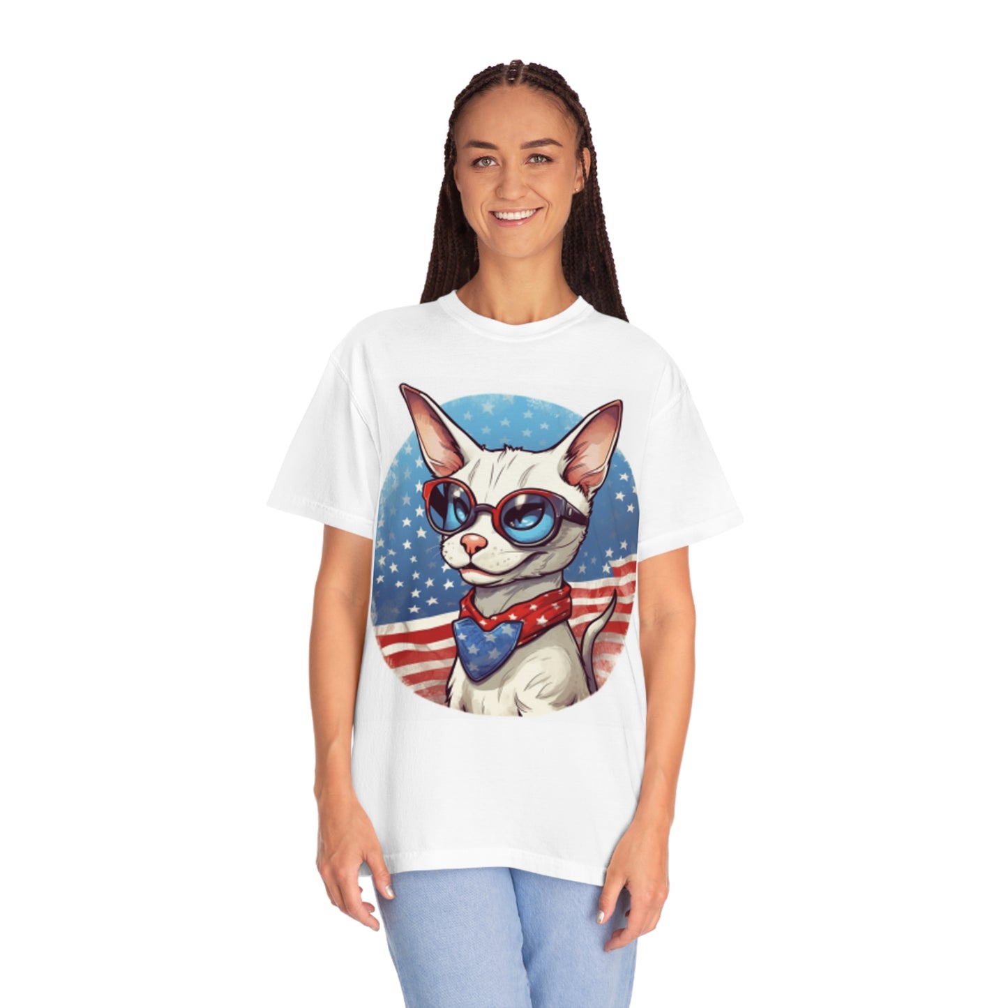 Dibujos animados patrióticos del gato siamés - Cara feliz, animación - Camiseta unisex teñida en prenda