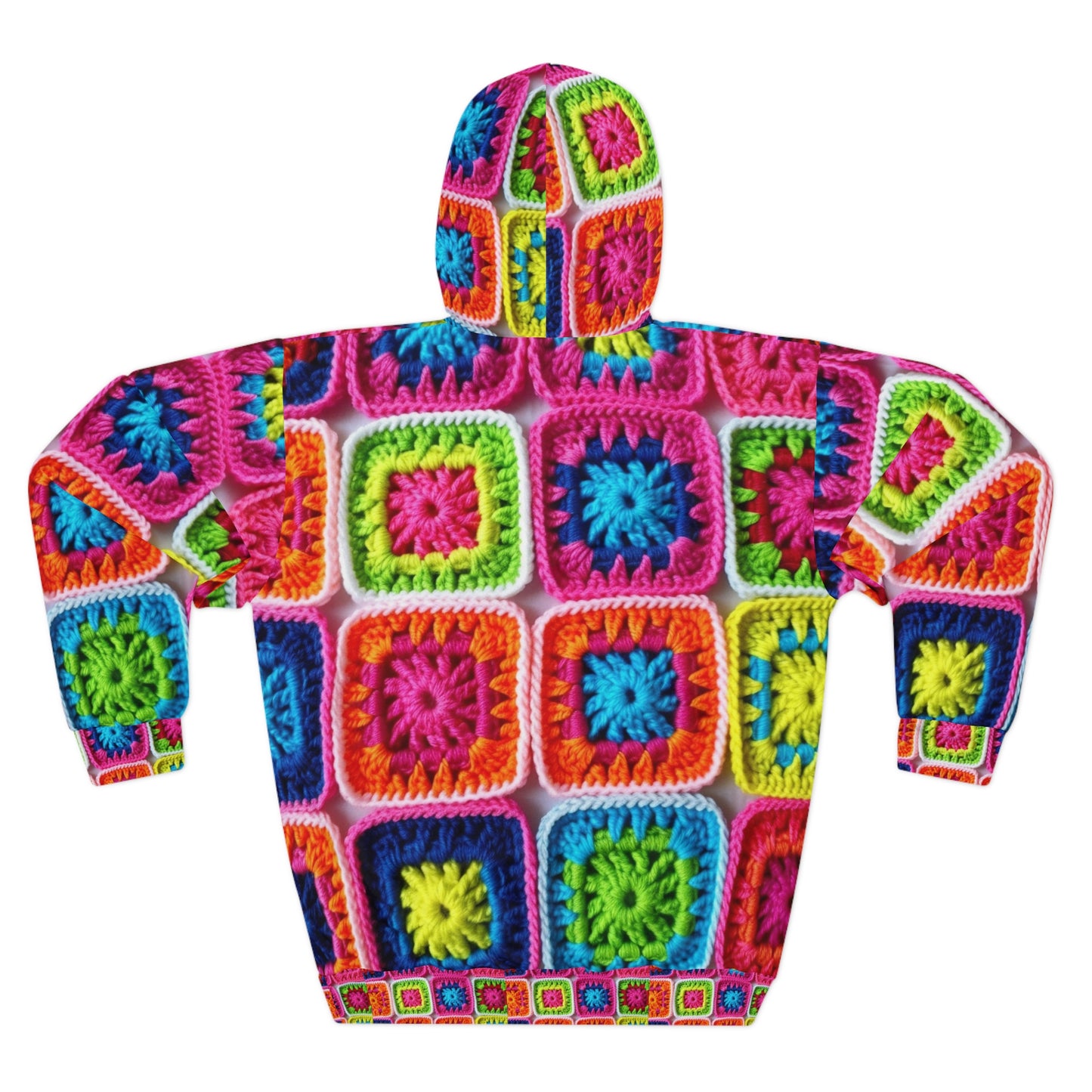 Crochet Granny Square, Summer Cotton, Patchwork, Retro Floral Design, Crochet Cotton - Unisex Pullover Hoodie (AOP)