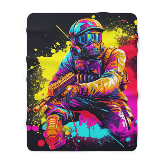 Paintball Action Sport: Player in Battle, Paint Splatter - Sherpa Fleece Blanket