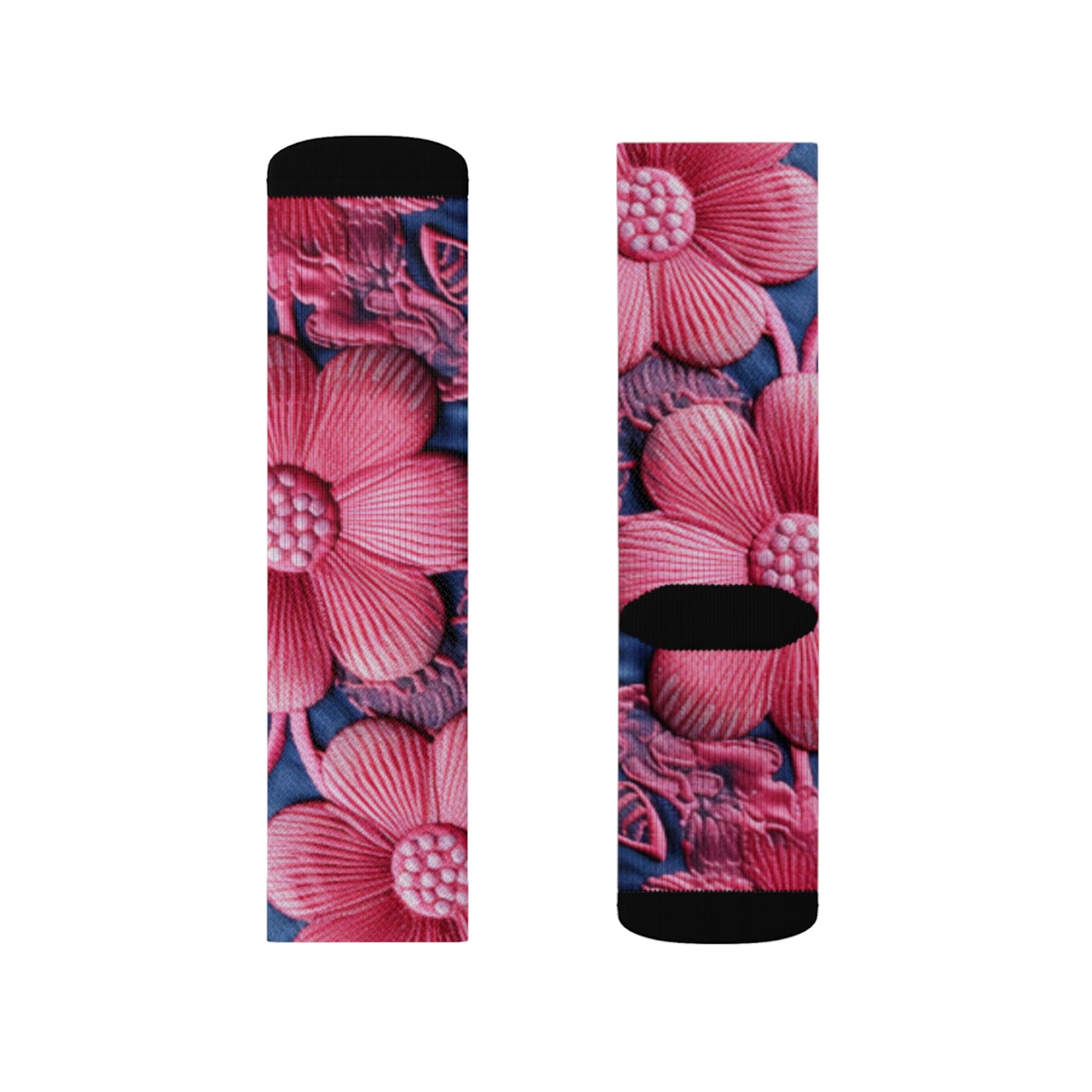 Denim Blue Doll Pink Floral Embroidery Style Fabric Flowers - Sublimation Socks