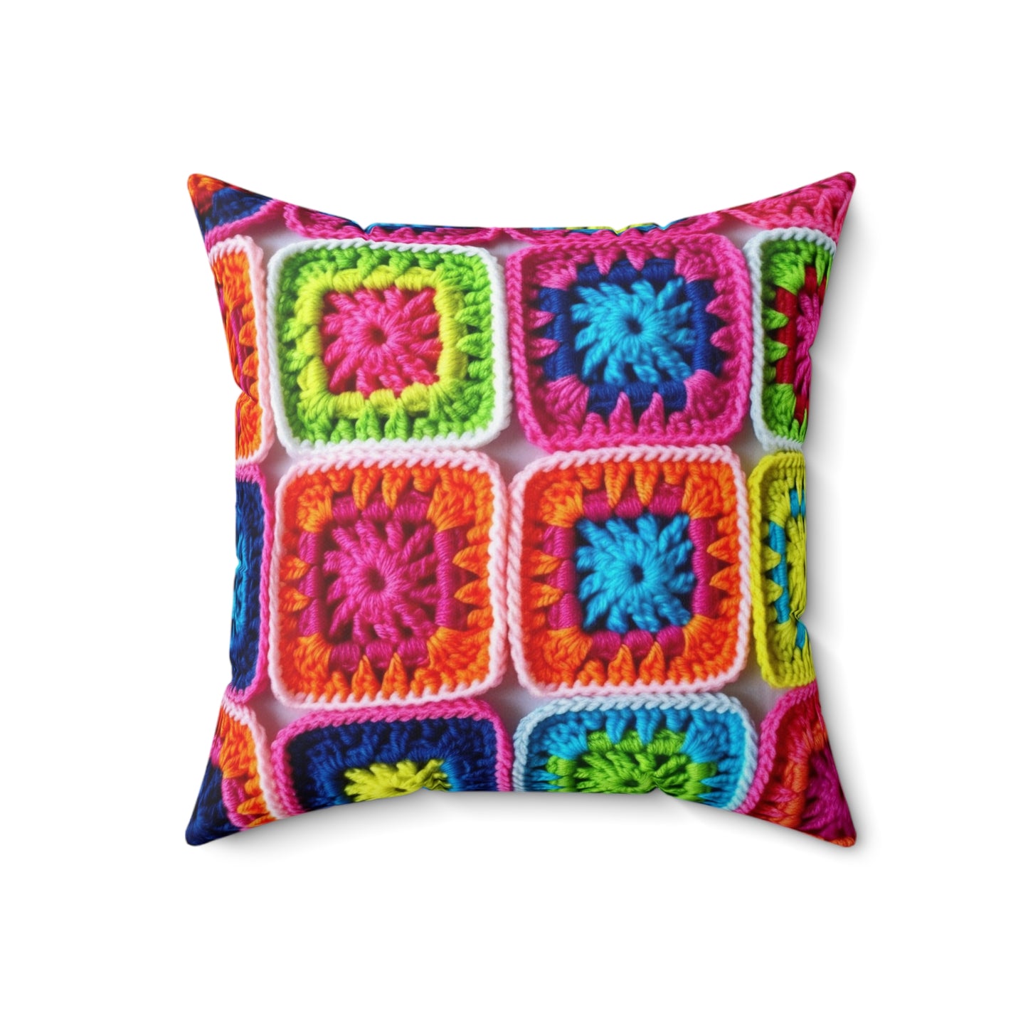 Crochet Granny Square, Summer Cotton, Patchwork, Retro Floral Design, Crochet Cotton - Spun Polyester Square Pillow