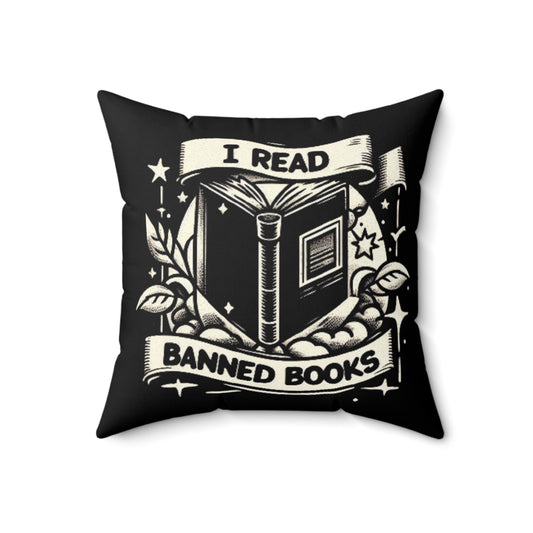 I Read Banned Books - Monochrome Crest with Stars and Laurel - Spun Polyester Square Pillow