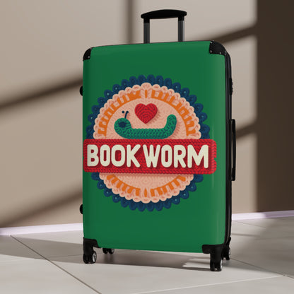 Crochet Bookworm Illustration: Cozy Reader Embroidered Patch Design - Suitcase