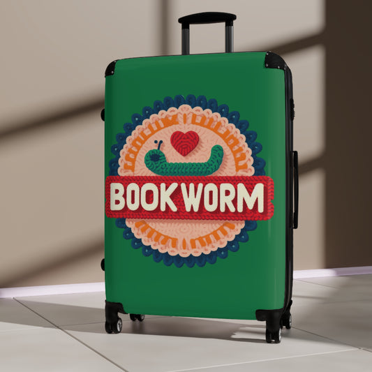 Crochet Bookworm Illustration: Cozy Reader Embroidered Patch Design - Suitcase