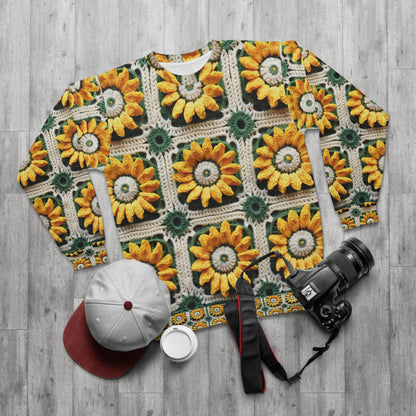 Elegancia de crochet de girasol, diseño Granny Square, motivo floral radiante. Lleva la calidez de los girasoles a tu espacio - Sudadera unisex (AOP) 