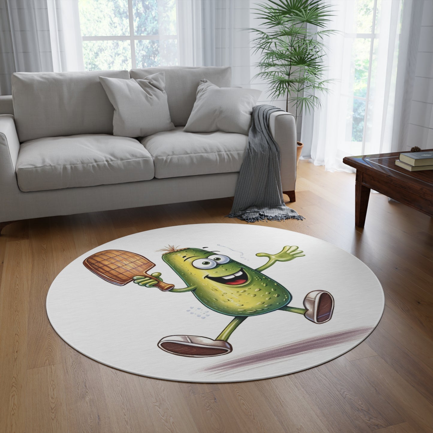 Pickle Player Action: Cartoon Swinging Pickleball Paddle - Sporty Charm - Round Rug