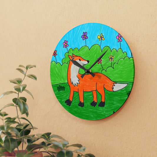 Fox Acrylic Wall Clock - Charming Woodland Illustration, Colorful Nursery Decor Timepiece, Playful Animal Art, Acrylic Wall Clock Gift
