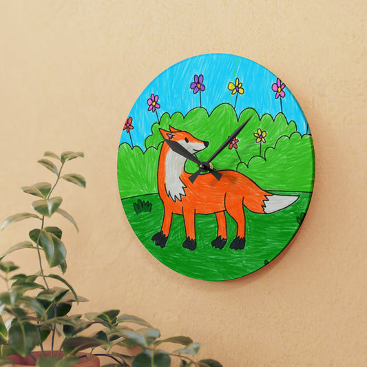 Reloj de pared acrílico de zorro: encantadora ilustración del bosque, reloj colorido de decoración de vivero, arte animal juguetón, regalo de reloj de pared acrílico 