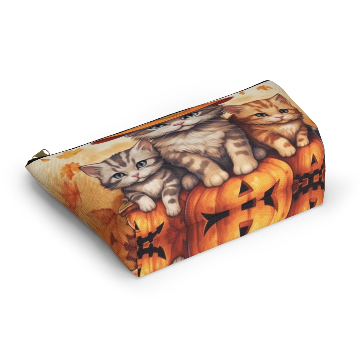 Kitty Cat Kittens Halloween - Cute Furries on Pumpkin - Festive Feline Decor - Accessory Pouch w T-bottom