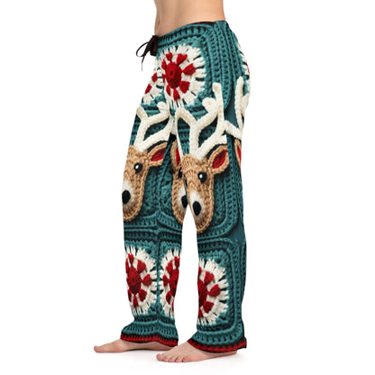 Christmas Reindeer Crochet, Wintry Wonderland Design, Festive Stag Motif. Embrace the Holiday Spirit - Women's Pajama Pants (AOP)