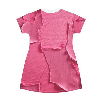 Distressed Neon Pink: Edgy, Ripped Denim-Inspired Doll Fabric - T-Shirt Dress (AOP)