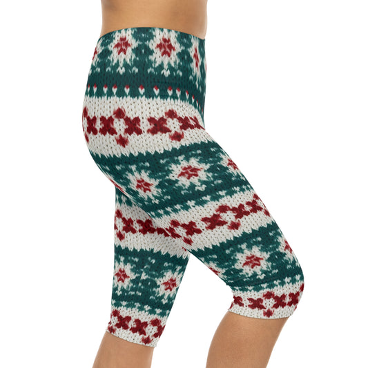 Christmas Knit Crochet Holiday, Festive Yuletide Pattern, Winter Season - Women’s Capri Leggings (AOP)