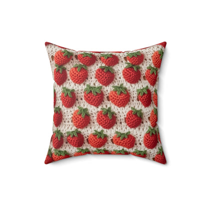 Strawberry Traditional Japanese, Crochet Craft, Fruit Design, Red Berry Pattern - Spun Polyester Square Pillow