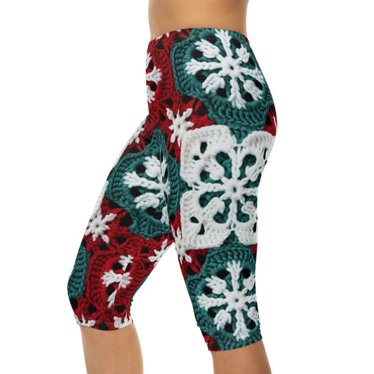 Christmas Snowflake Crochet, Festive Yuletide, Winter Wonderland Craft, Ice Crystal, Holiday Decor, Seasonal Adornments - Women’s Capri Leggings (AOP)