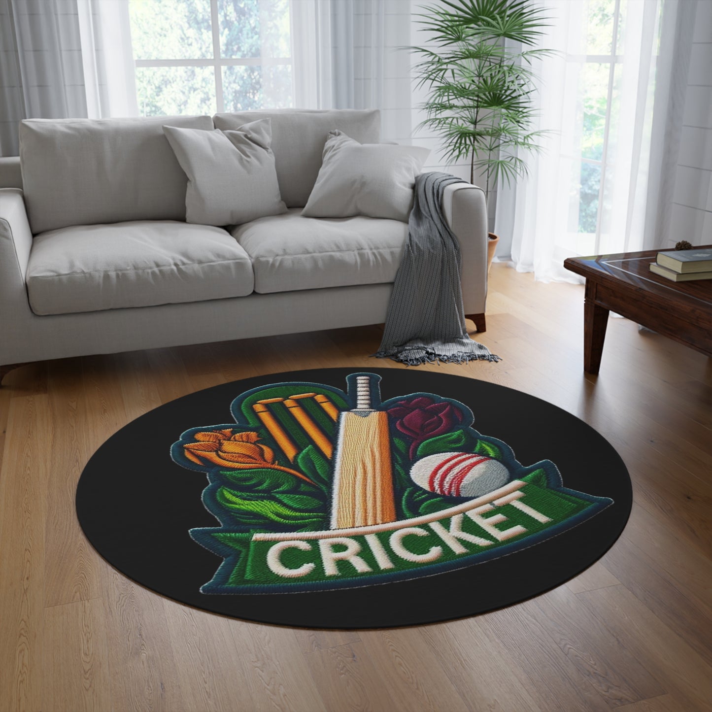 Cricket Sport, Chenille Patch Graphic, Round Rug