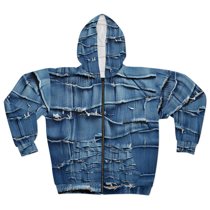 Denim desgastado azul medianoche: diseño resistente, rasgado y elegante - Sudadera con capucha unisex con cremallera (AOP) 