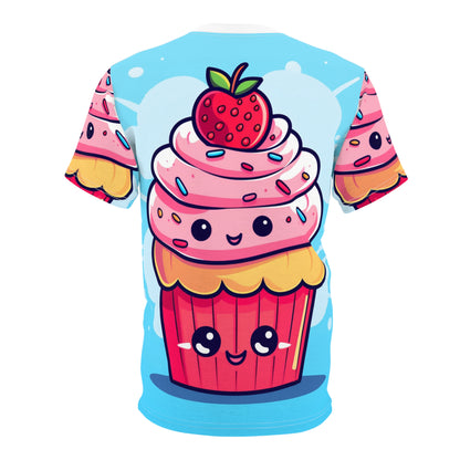 Strawberry Delight – かわいいカップケーキアート – 甘いアニメマンガデザートチャーム – ユニセックスカットソーTシャツ (AOP) 