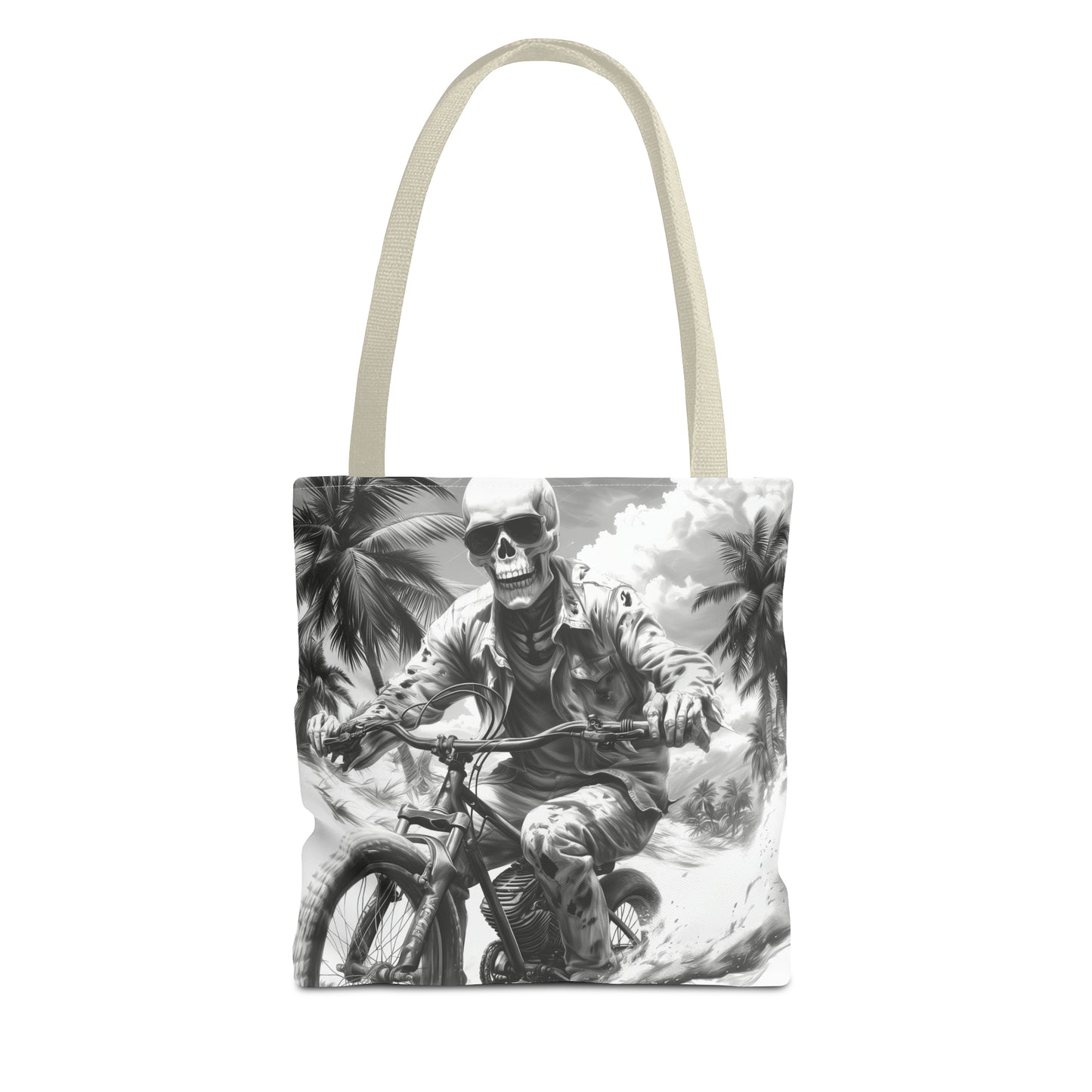 Biker Skeleton Wearing Sunglasses, Riding Sunset Boulevard in California Motorcycle, Tote Bag (AOP)