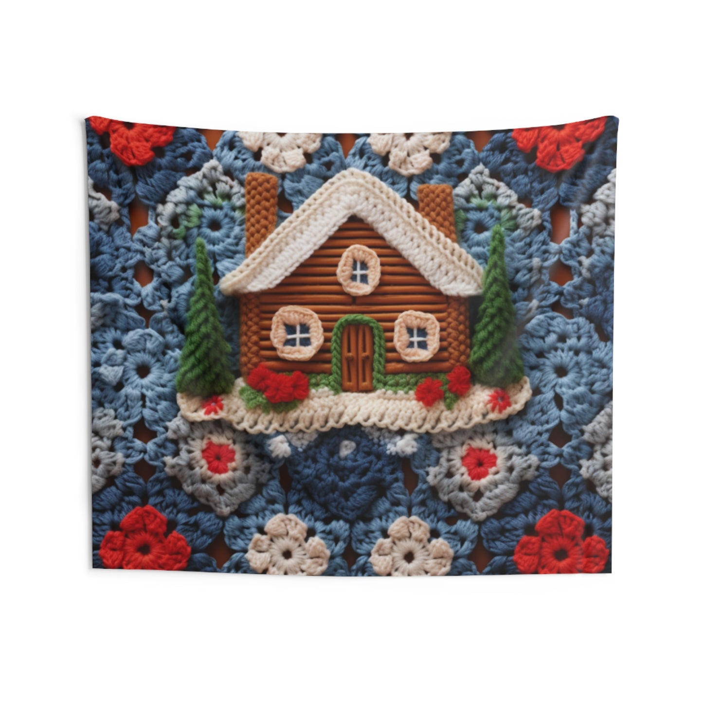 Cottagecore Log Cabin Crochet, Diseño navideño de casa de invierno, Vacaciones rústicas - Tapices de pared interior