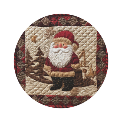 Santa Claus Christmas Farmhouse Quilt: Cozy with Checkered Borders - Round Rug