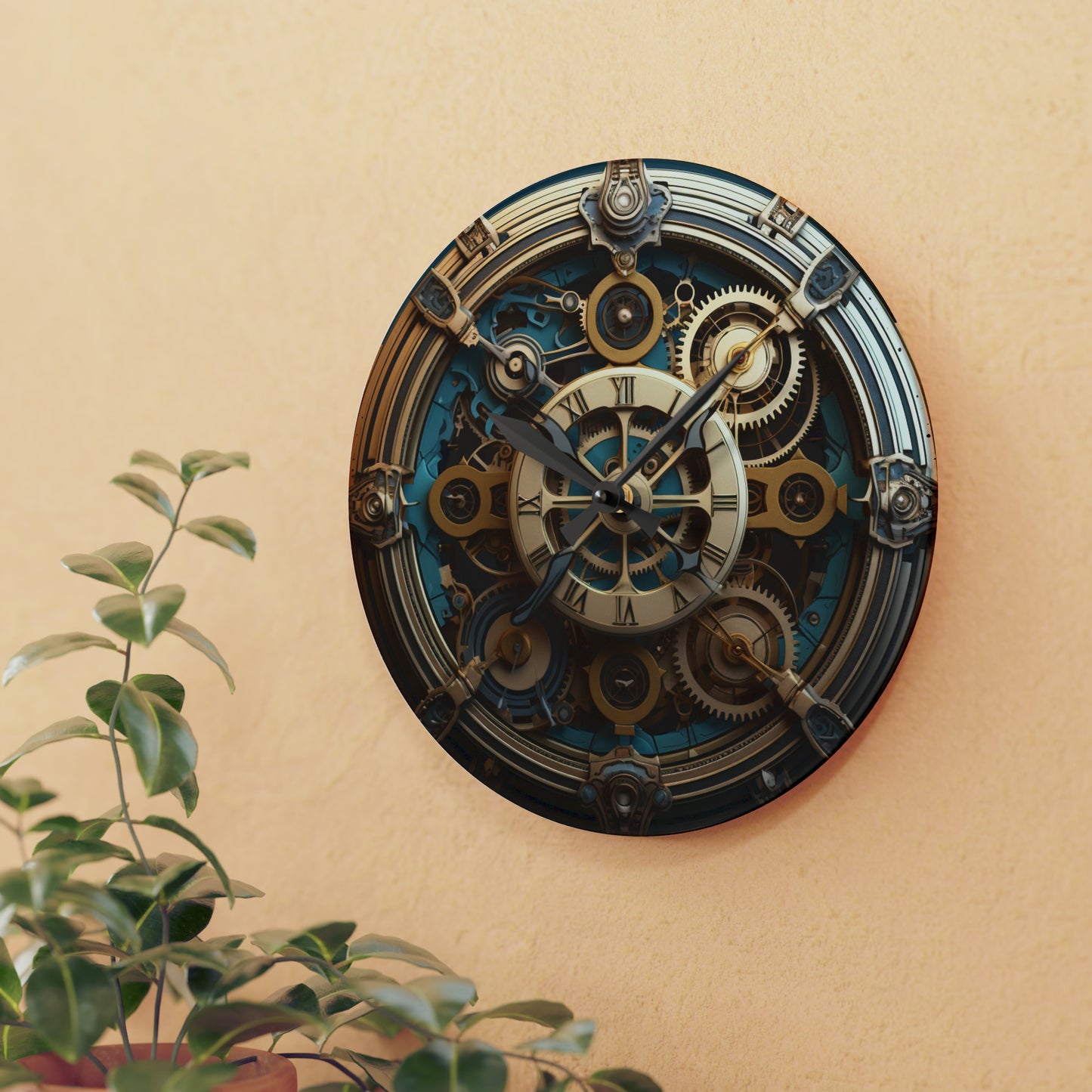 Steampunk Gear, Gold trim Blue Teal Design, Acrylic Wall Clock