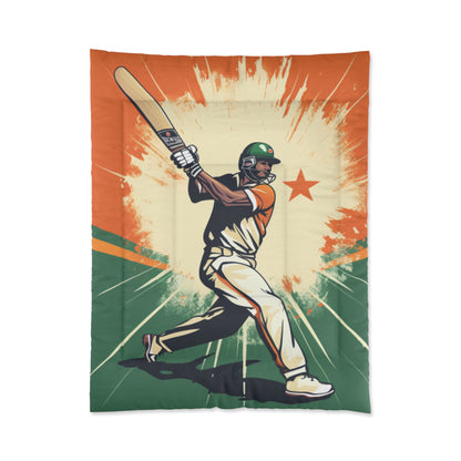 India Cricket Star: Batsman With Willow Bat, National Flag Style - Sport Game - Bed Comforter