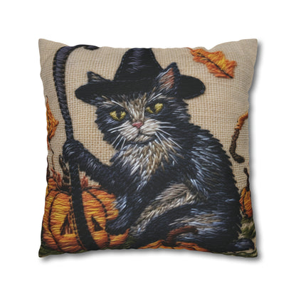 Halloween Cat Magic: Embroidered Style Feline with Pumpkins & Witch Hat - Spun Polyester Square Pillow Case