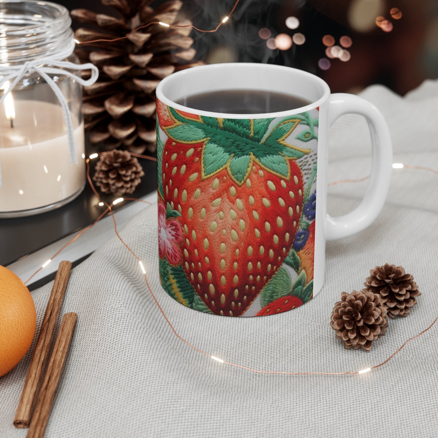 Berry Delight: Sun-Kissed Strawberries Fields Meet Embroidered Style Strawberry Patterns - Ceramic Mug 11oz